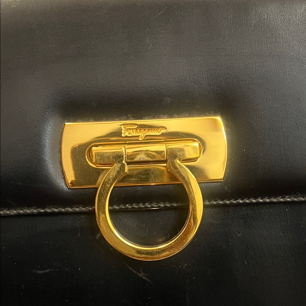 SOLD-SOLD Salvatore Ferragamo Elegant Navy blue Handbag with Gold Accents - Picture 9 of 10